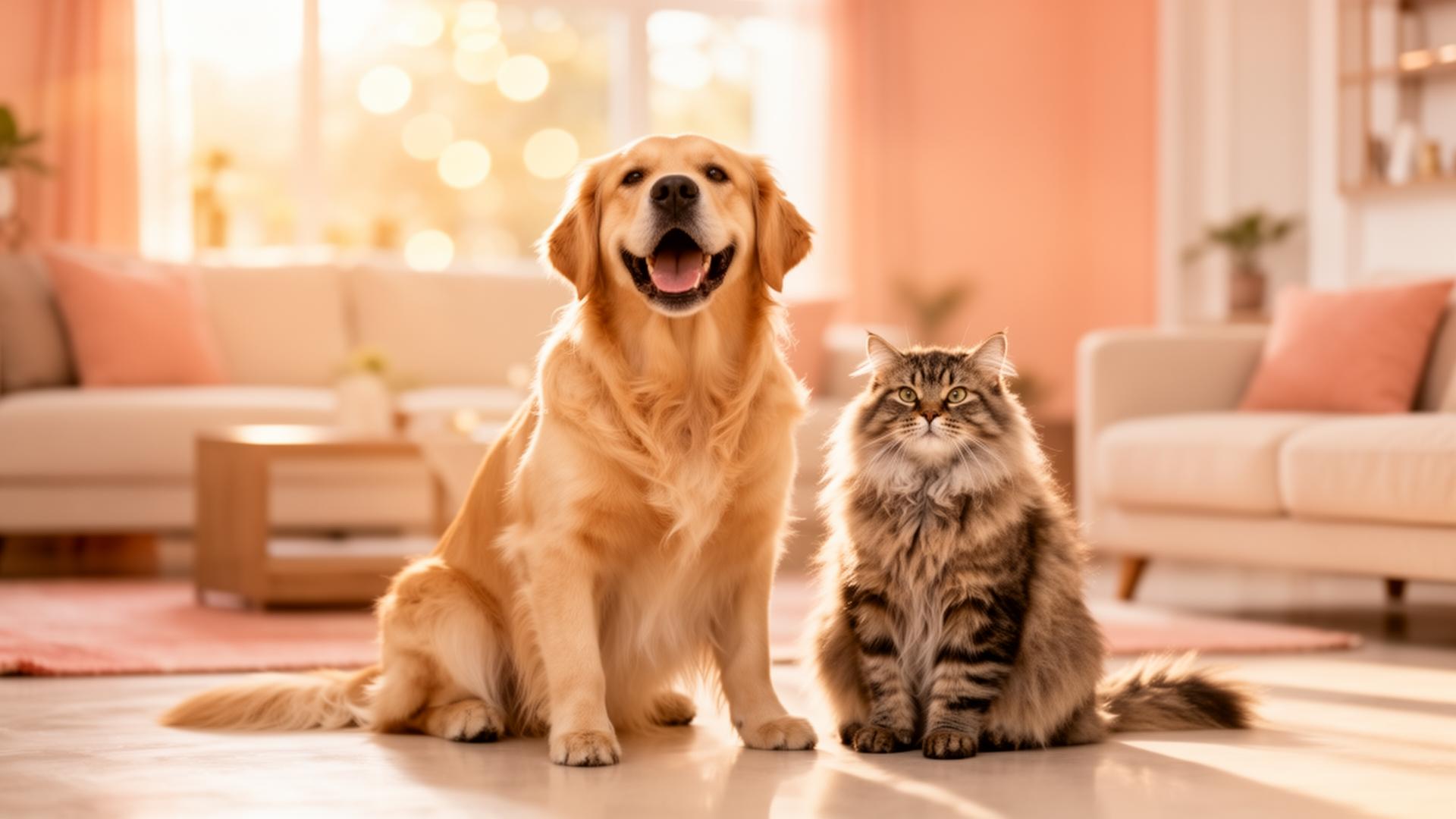 Happy dog and cat in a sunlit Indian living room